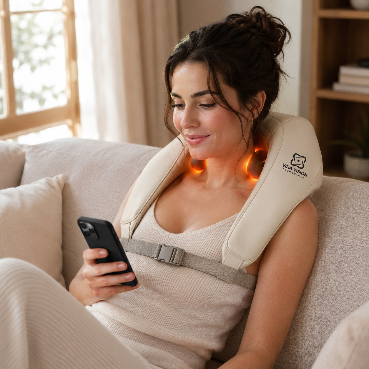 Woman relaxing with the VIRA VISION heated neck and shoulder massager