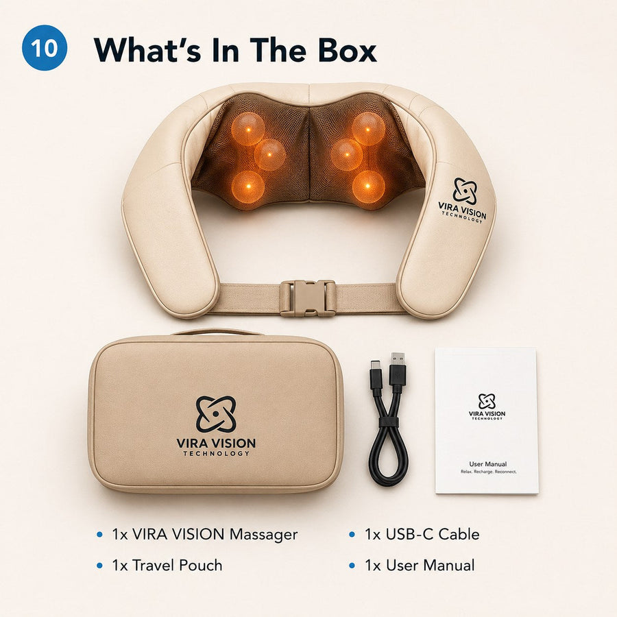 What's in the box: VIRA VISION massager and charging kit